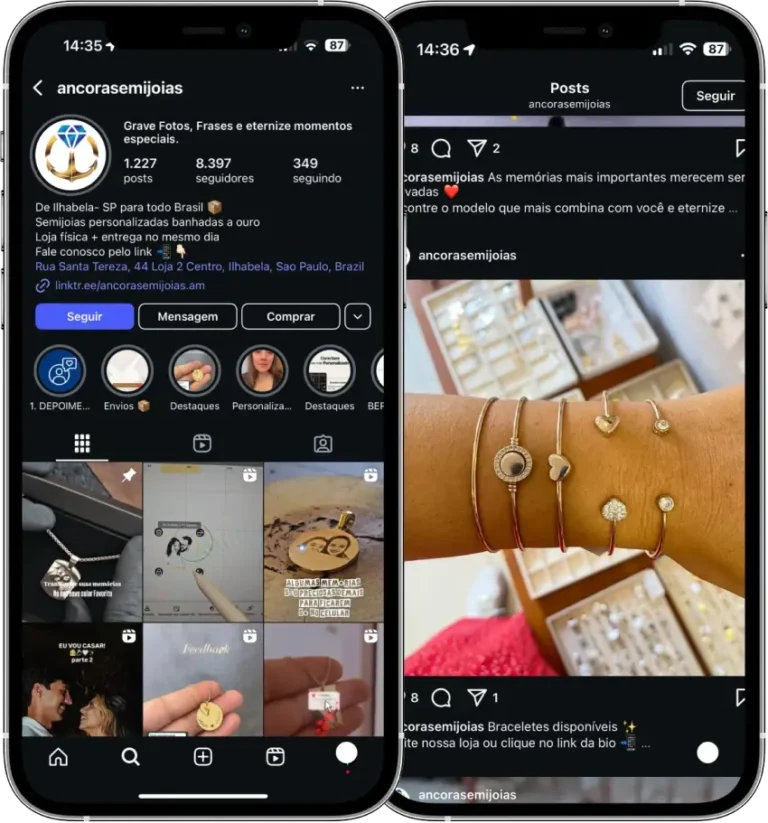 Perfil da Âncora Semijoias no Instagram, cliente da Transcend E-commerce
