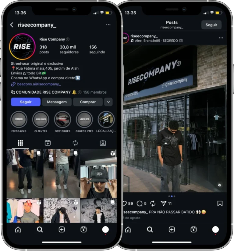 Perfil da Rise Company no Instagram, cliente da Transcend E-commerce