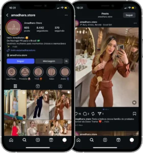 Perfil da Amadhara Store no Instagram, cliente da Transcend E-commerce
