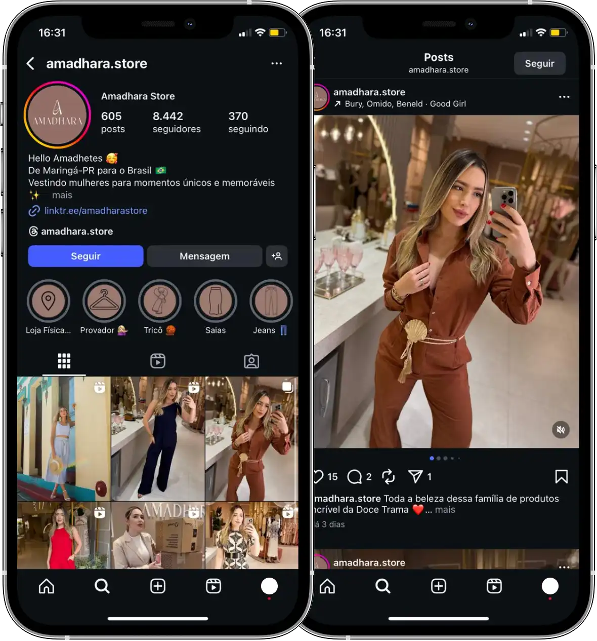 Perfil da Amadhara Store no Instagram, cliente da Transcend E-commerce