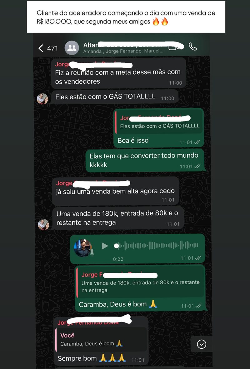Print do grupo da Altares São José: uma venda de 180 mil, já como cliente da Aceleração