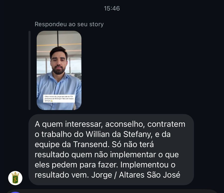 Mensagem do Jorge recomendando a equipe da Transcend
